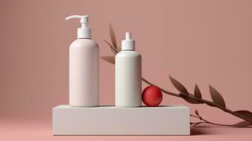 publicité, deux cosmétique produit podiums maquette. Contexte pour présentation de cosmétique. génératif ai photo