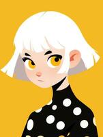 une dessin animé fille avec blanc cheveux et noir polka point chemise. génératif ai. photo