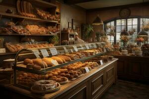 là sont beaucoup différent les types de pains sur afficher dans une boulangerie. génératif ai. photo