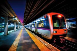 automatique voie de guidage train à nuit. mouvement se brouiller. génératif ai photo