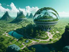 une utopique futur où renouvelable énergie sources Puissance une durable monde avec luxuriant vert paysages photo