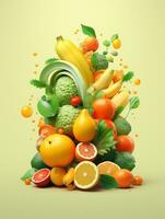là est une pile de fruit et des légumes avec des oranges et bananes. génératif ai. photo