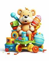 là est une nounours ours séance sur une jouet train avec beaucoup jouets. génératif ai. photo