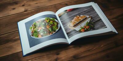 là est une livre ouvert sur une table avec une image de une sandwich et salade. génératif ai. photo
