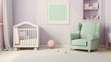 là est une bébé pièce avec une lit de bébé et une chaise. génératif ai. photo