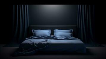 arafé lit avec bleu feuilles et oreillers dans une foncé chambre. génératif ai. photo