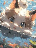 anime chat avec bleu yeux flottant dans le l'eau avec poisson. génératif ai. photo