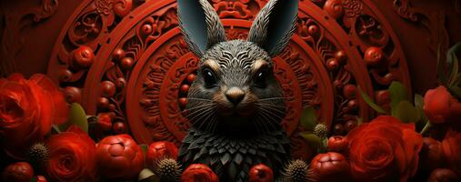 chinois Nouveau année de le lapin sur rouge couleurs. établi avec génératif ai photo