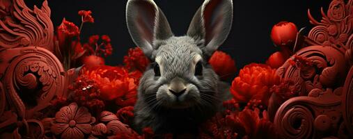 chinois Nouveau année de le lapin sur rouge couleurs. établi avec génératif ai photo