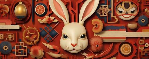 chinois Nouveau année de le lapin sur rouge couleurs. établi avec génératif ai photo