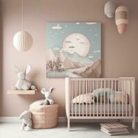 une proche en haut de une lit de bébé avec une farci animal et une peinture. génératif ai. photo