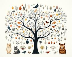 là est une arbre avec beaucoup différent animaux et des oiseaux dans il. génératif ai. photo