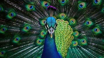 portrait de magnifique paon avec plumes dehors. génératif ai photo