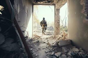 araffé soldat en marchant par une ruiné bâtiment avec une fusil. génératif ai. photo
