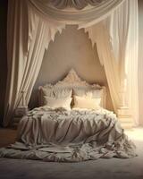 là est une lit avec une canopée et oreillers dans une chambre. génératif ai. photo