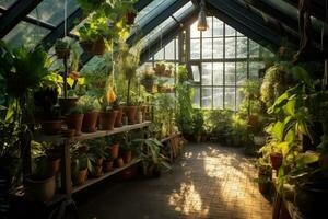 serre avec les plantes. intérieur jardinage ,génératif ai photo