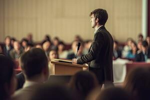 orateur Hommes à affaires conférence et présentation , génératif ai. photo