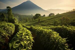 café plantations de Sud Amérique avec une horizon avec montagnes dans le Contexte ,génératif ai photo