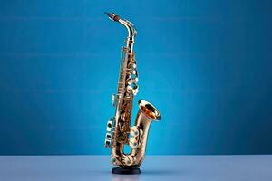 saxophone isolé sur bleu Contexte. la musique concept. génératif ai photo