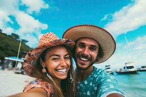 couple Jeune Voyage et prendre une selfie sur périple , génératif ai photo