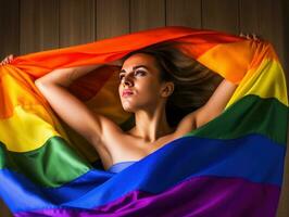 magnifique lesbienne modèle et une arc en ciel drapeau à gay fierté, lgbtq couleurs drapeau. aimer, liberté, soutien ,bannière fort fierté mois, établi avec génératif ai photo