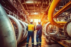 deux lourd industrie ingénieurs en marchant par tuyau fabrication établissement , génératif ai . photo