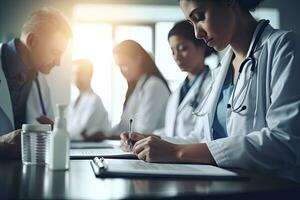 médecin sur presse-papiers dans réunion, collaboration ou travail en équipe pour hôpital planification, médical ou la vie assurance. en parlant, direction et soins de santé ouvriers sur papier dans la diversité recherche ,génératif ai. photo