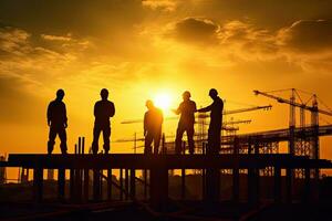 silhouette de ingénieur et ouvrier construction équipe travail à site plus de le coucher du soleil. génératif ai . photo