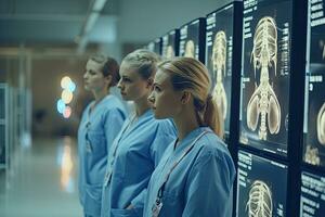 deux docteur femmes médical médecins à la recherche à rayons X dans une hôpital, génératif ai. photo