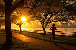 femelle coureur le jogging à parc , le coucher du soleil ,génératif ai. photo