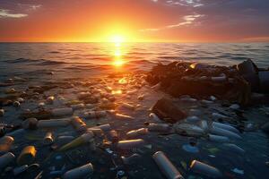 des ordures de Plastique bouteilles dans le mer , le coucher du soleil ,génératif ai photo