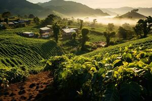 café plantations de Sud Amérique avec une horizon avec montagnes dans le Contexte ,génératif ai photo