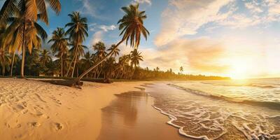 magnifique plage bannière. blanc le sable et coco paumes Voyage tourisme ,coucher de soleil génératif ai photo