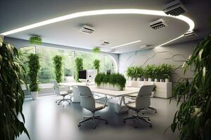 moderne Bureau , intérieur avec plante. 3D, génératif ai. photo
