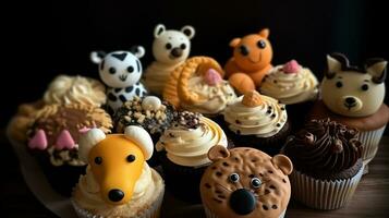 enduit de sucre zoo. se livrer dans sculpté animal Les figures fabriqué de petits gâteaux, biscuits, et la glace crème. génératif ai photo