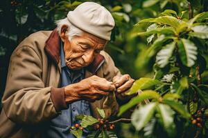 vieux homme Sud Amérique agriculteur cueillette café des haricots à ferme ,génératif ai photo