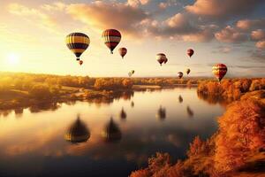 des ballons en volant plus de rocheux falaise avec rivière la nature vue dans la cappadoce dinde,générative ai photo