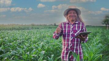 asiatique agriculteur en portant une tablette dans une blé champ. photo