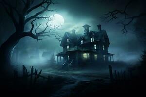une terrifiant hanté maison avec brouillard couvert photo