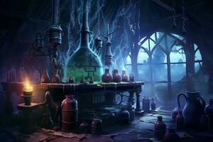 un sinistre scène de une sorcière potion laboratoire photo