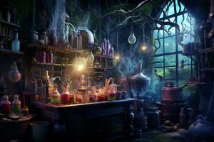 un sinistre scène de une sorcière potion laboratoire photo