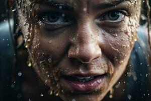 proche en haut professionnel femme athlète avec concentrer dans le sien yeux et transpiration verser vers le bas.génératif ai photo