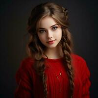 magnifique ressemblant fille avec longue cheveux twintails portant rouge chandail photo