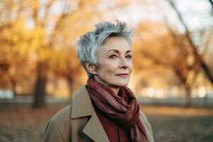 une femme dans années 60, court gris cheveux, parc Contexte , génératif ai photo