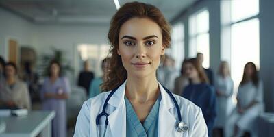 portrait de femelle européen médecin permanent dans hôpital, copie espace La publicité message ,génératif ai. photo