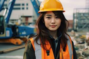 Jeune Japon femme construction ingénieur travail à le bâtiment site endroit Contexte génératif ai . photo