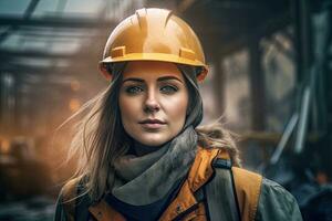 une femelle ouvrier sur le Contexte de le construction site,génératif ai . photo