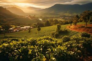 café plantations de Sud Amérique avec une horizon avec montagnes dans le Contexte ,génératif ai photo