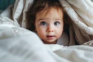 proche en haut visage bébé garçon dans blanc ensoleillé chambre ,génératif ai . photo