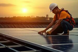 ingénieur installation solaire panneaux, sur le toit, électrique technicien à travail, génératif ai . photo